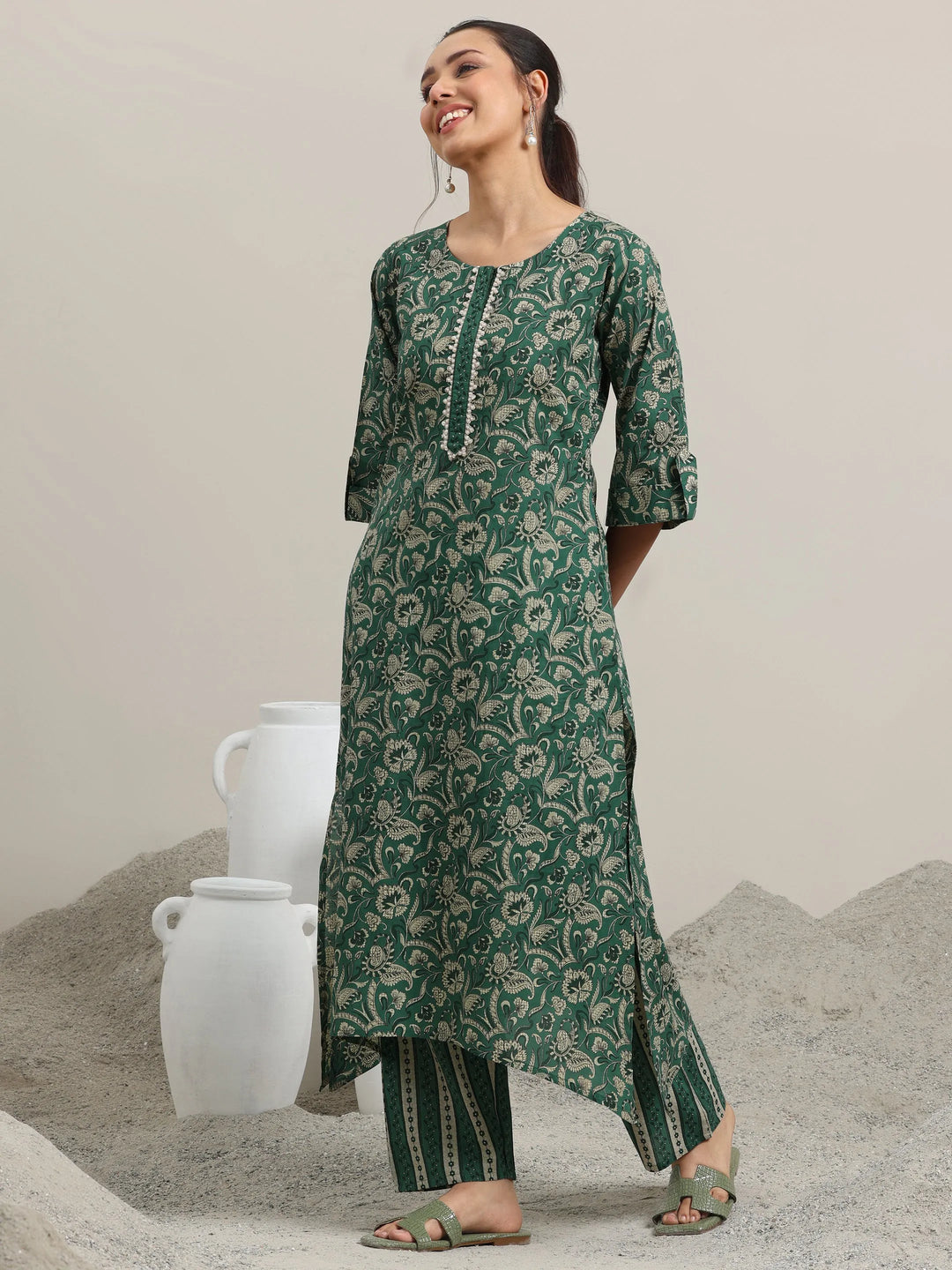 Green Printed Cotton Straight Kurta With Palazzos
