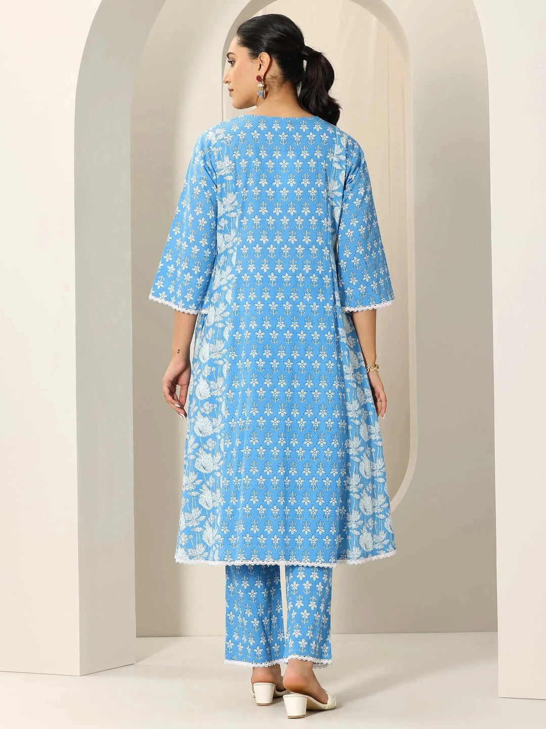  Blue Printed Pure Cotton A-Line Kurta Set 
