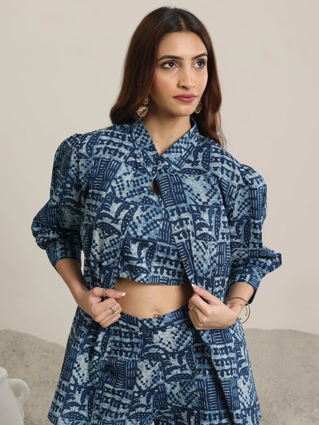  Indigo Printed Cotton 3 Piece Co-Ord Sets With jacket 