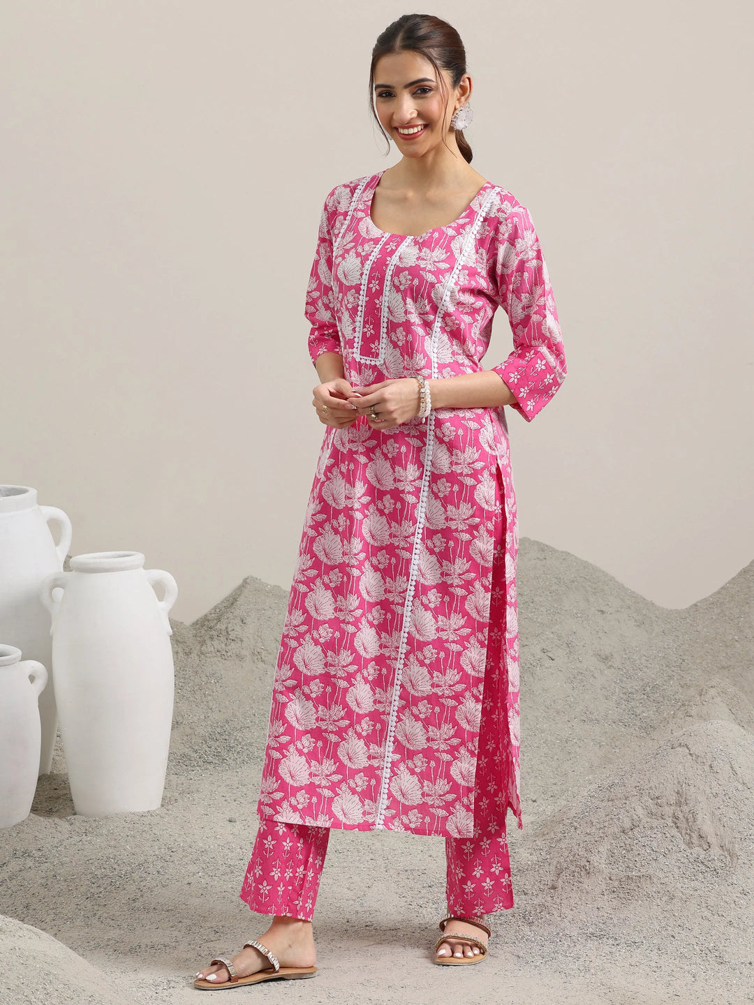  Pink Printed Cotton Straight Suit With Dupatta 
