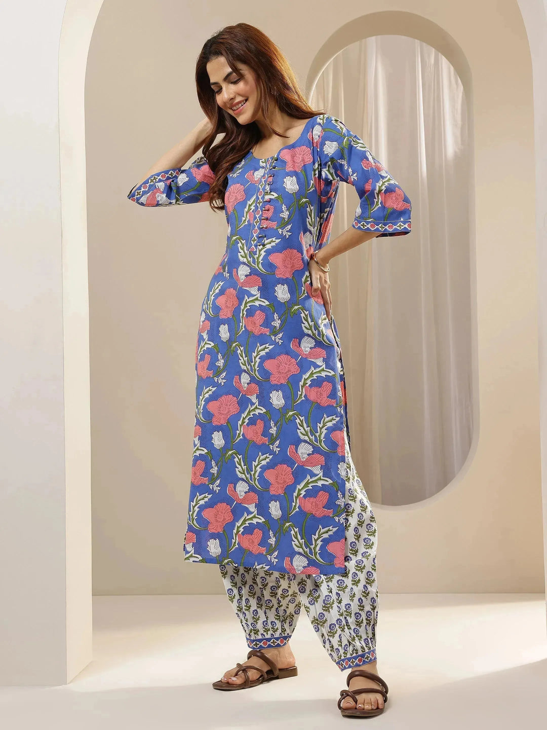  Blue Printed Cotton Straight Suit Sets With Dupatta 