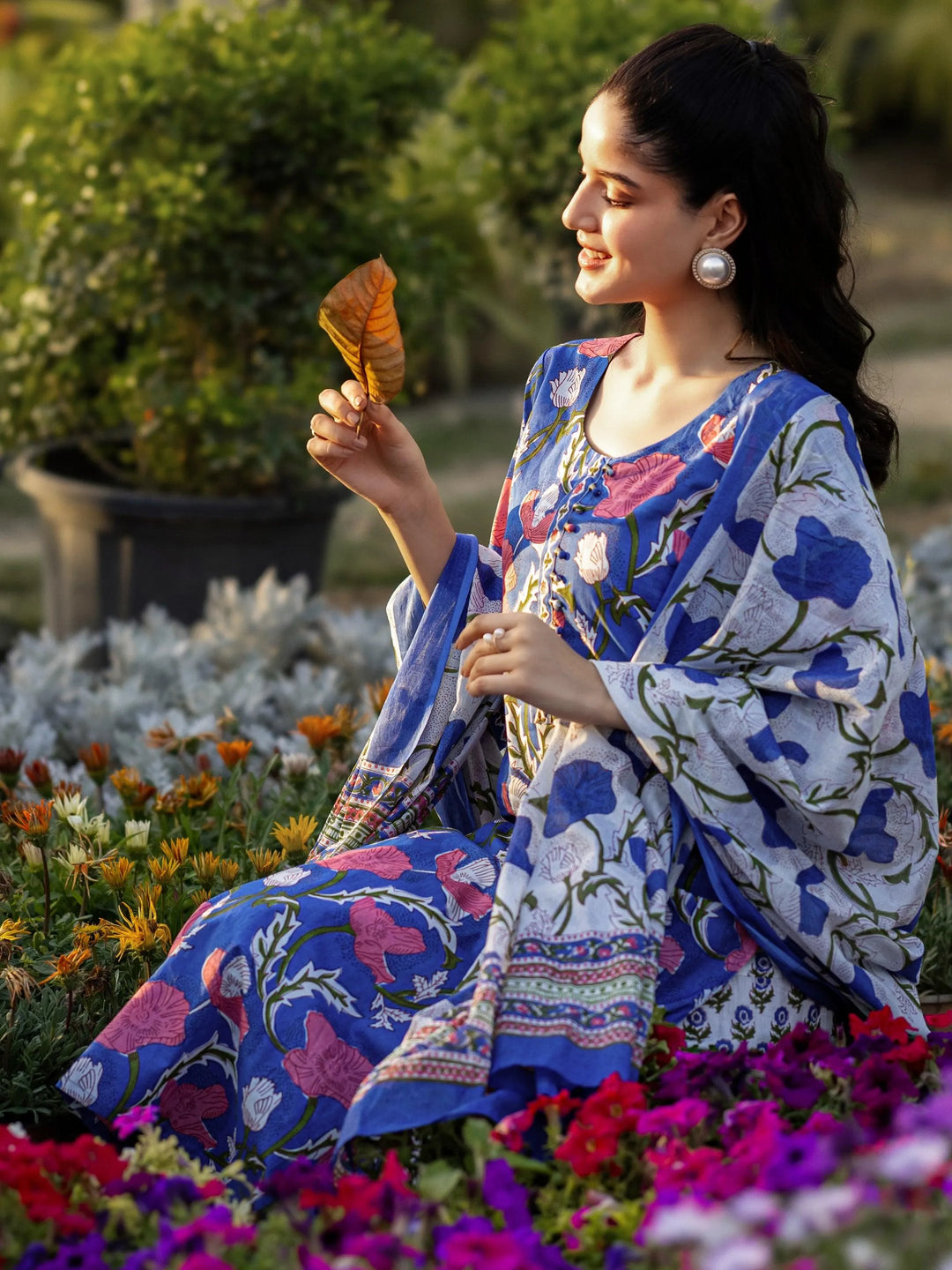  Blue Printed Cotton Straight Suit Sets With Dupatta 