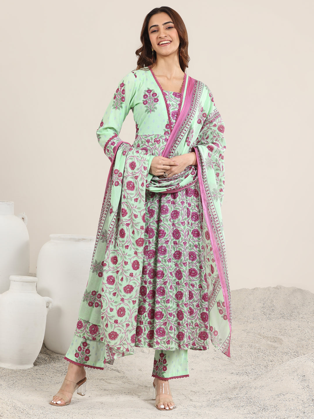  Green Printed Cotton A-Line Suit With Dupatta 