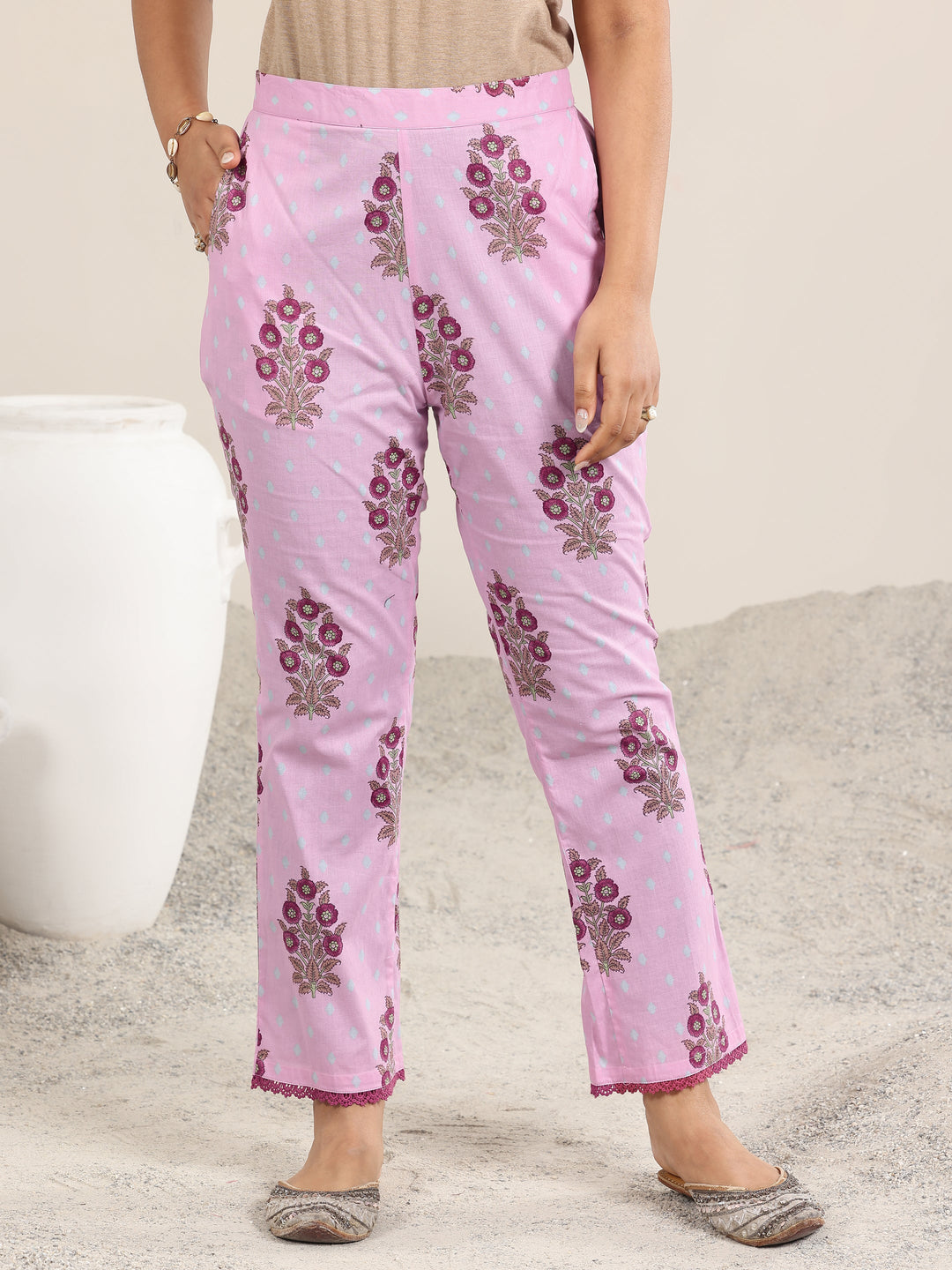 Pink Printed Cotton A-Line Suit With Dupatta 