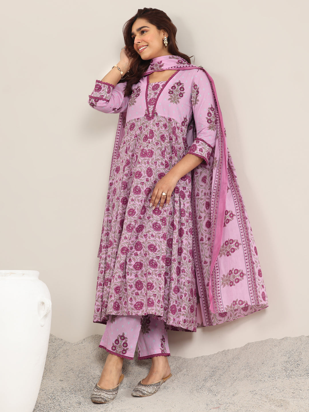 Pink Printed Cotton A-Line Suit With Dupatta