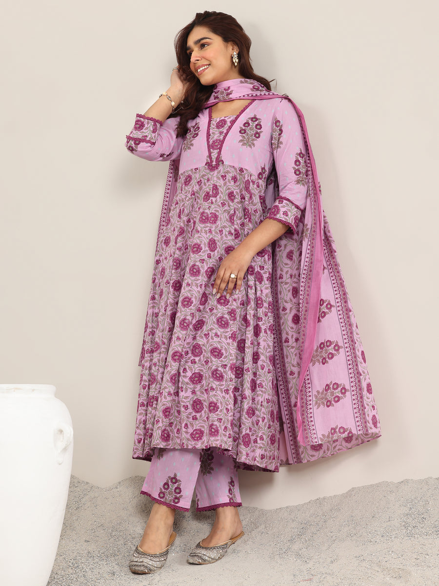 Pink Printed Cotton A-Line Suit With Dupatta
