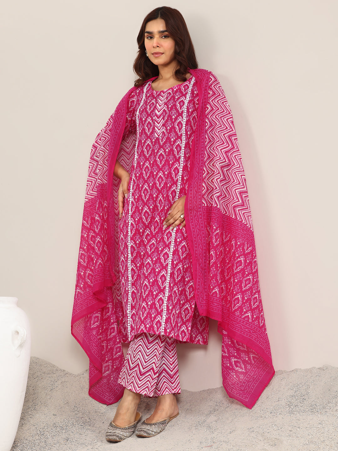  Pink Printed Cotton Straight Suit With Dupatta 
