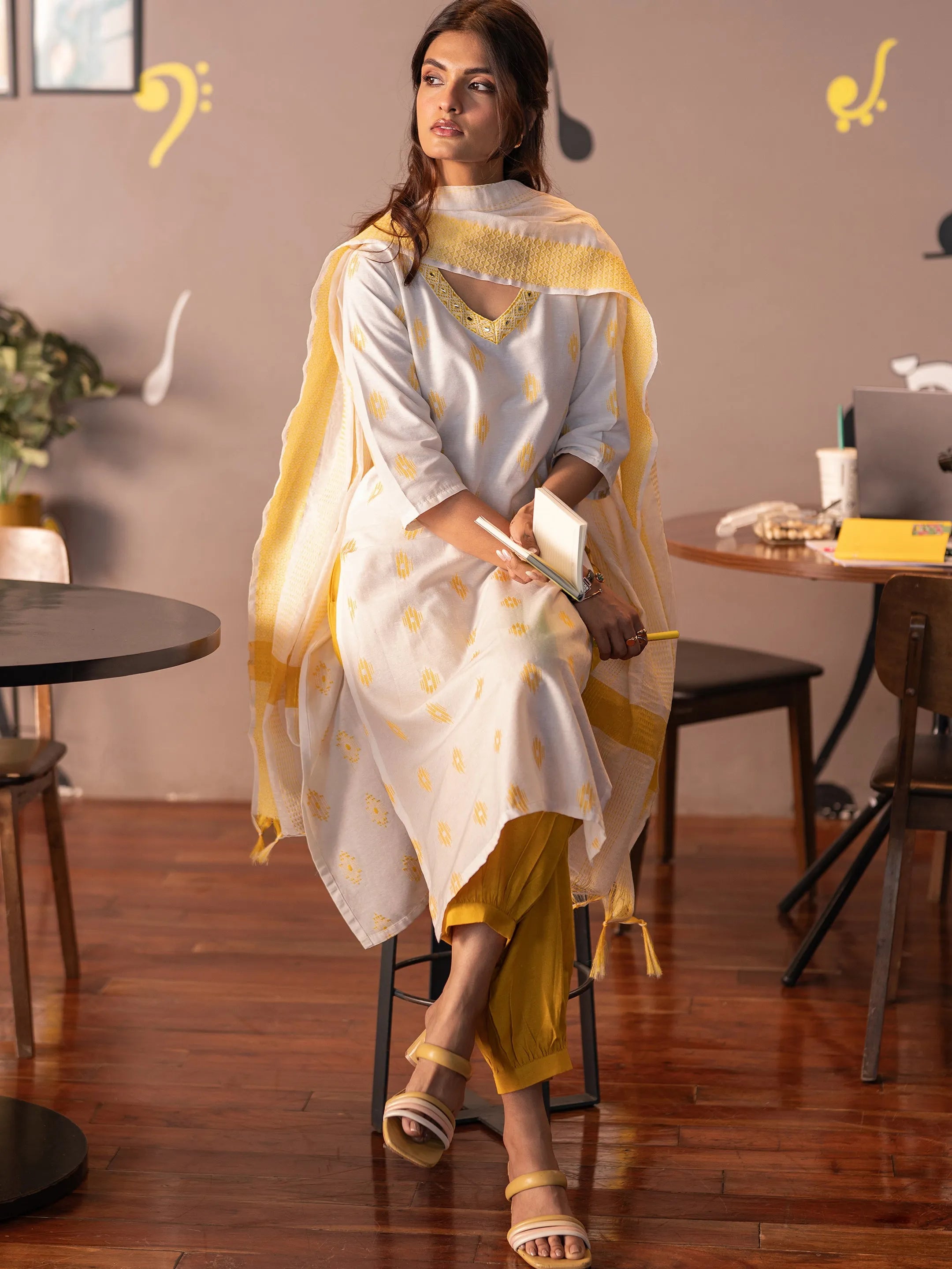 libas Off White Woven Design Cotton Blend Straight Suit Set With Dupatta-picture-25