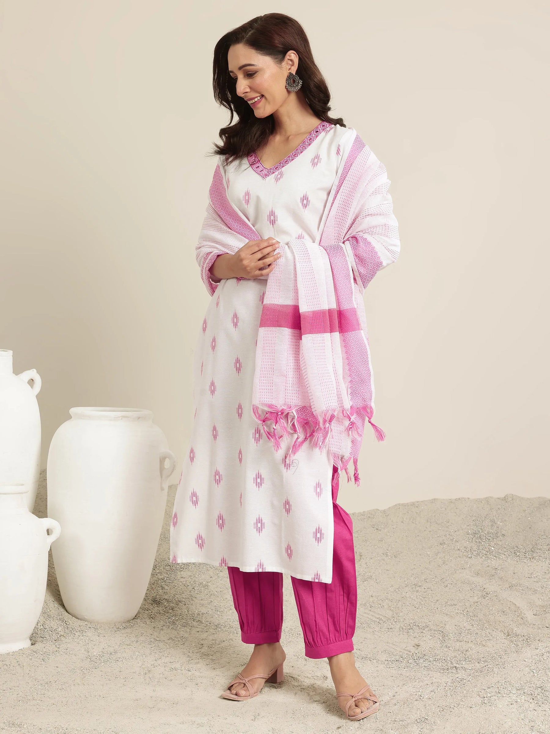 Off White Woven Design Cotton Blend Straight Suit Set With Dupatta