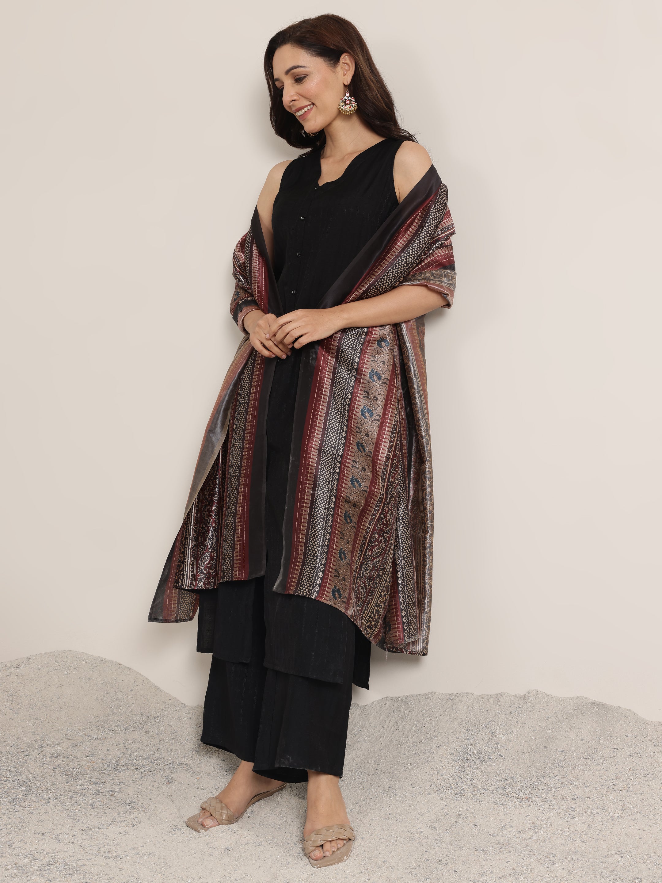 Black Woven Design Silk Blend Straight Suit Set With Dupatta-image-34