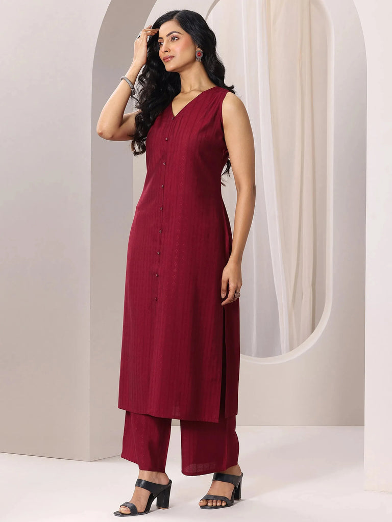 Libas Maroon Woven Design Silk Blend Straight Suit Set With Dupatta