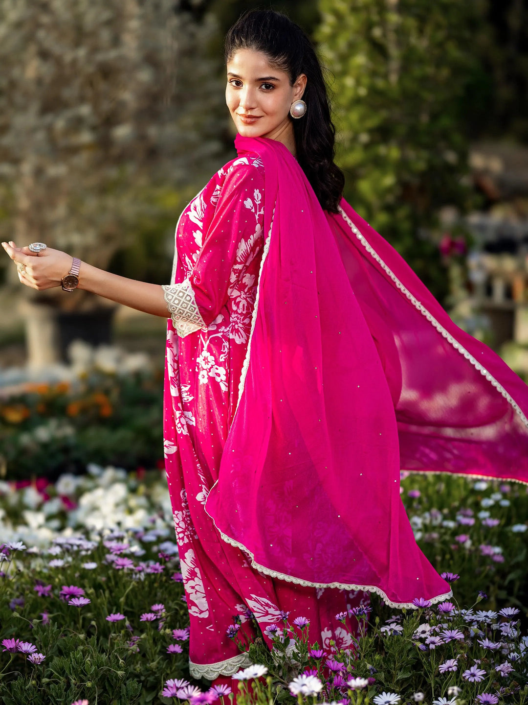  Pink Printed Silk Blend Anarkali Suit Set With Dupatta 