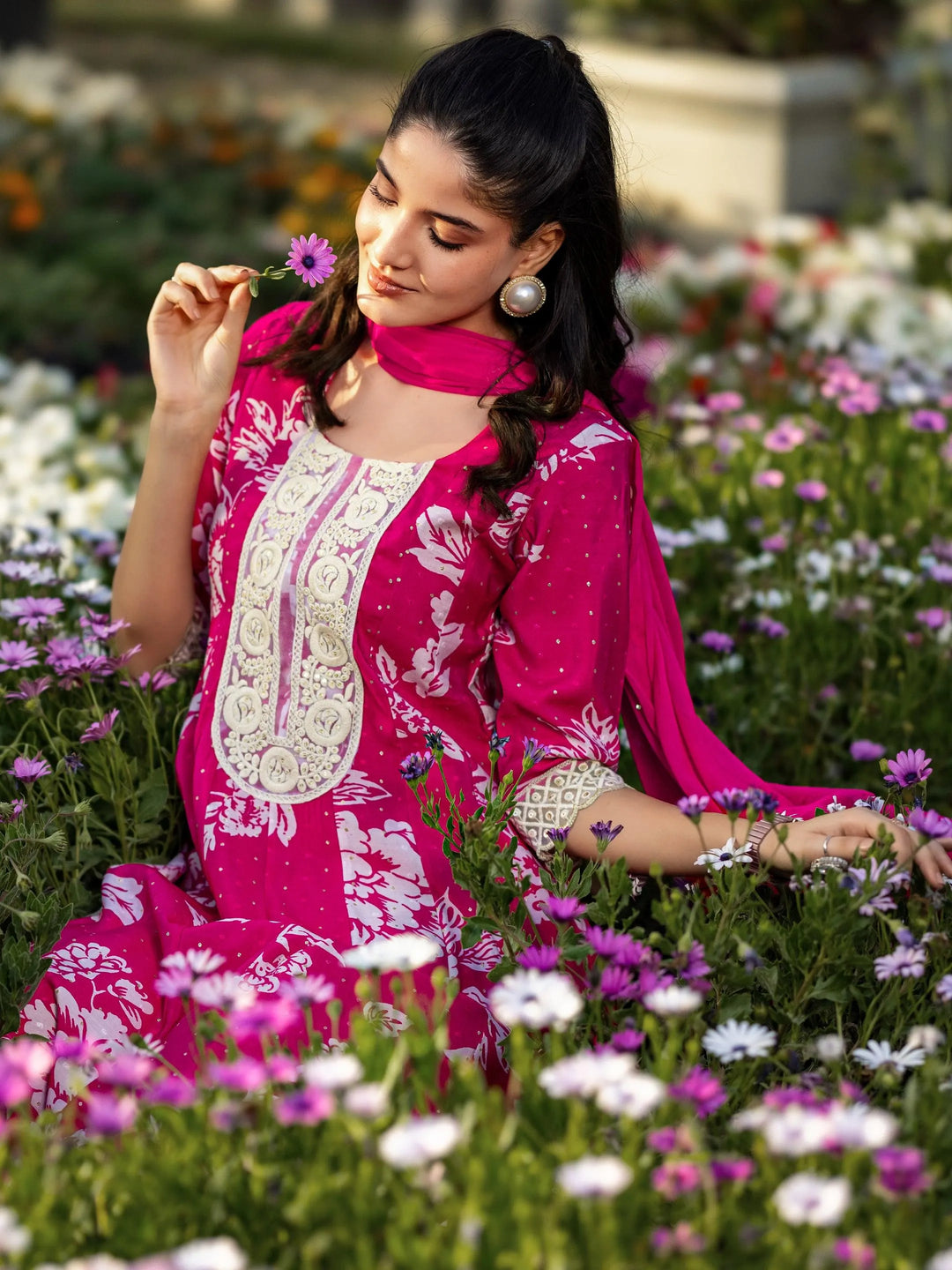 Pink Printed Silk Blend Anarkali Suit Set With Dupatta