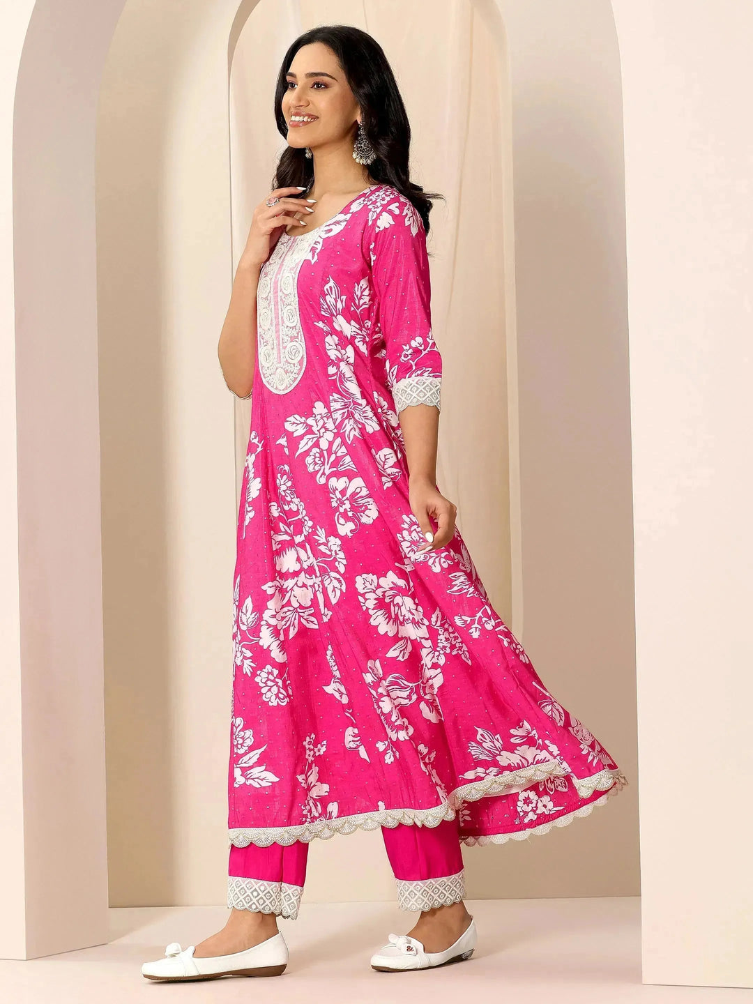  Pink Printed Silk Blend Anarkali Suit Set With Dupatta 
