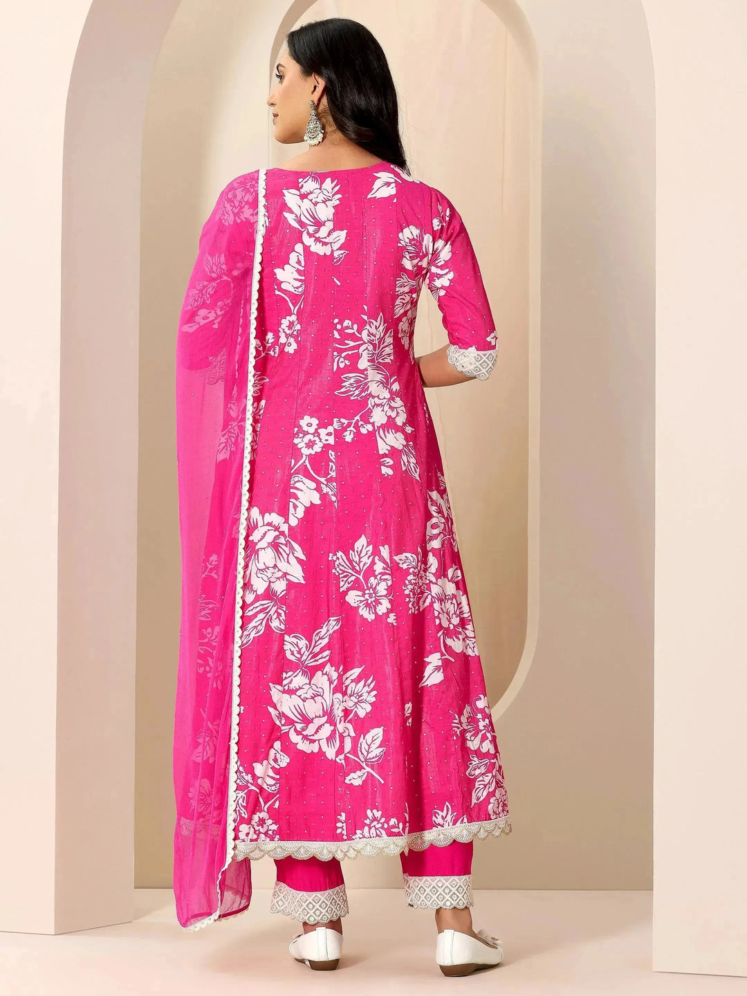  Pink Printed Silk Blend Anarkali Suit Set With Dupatta 