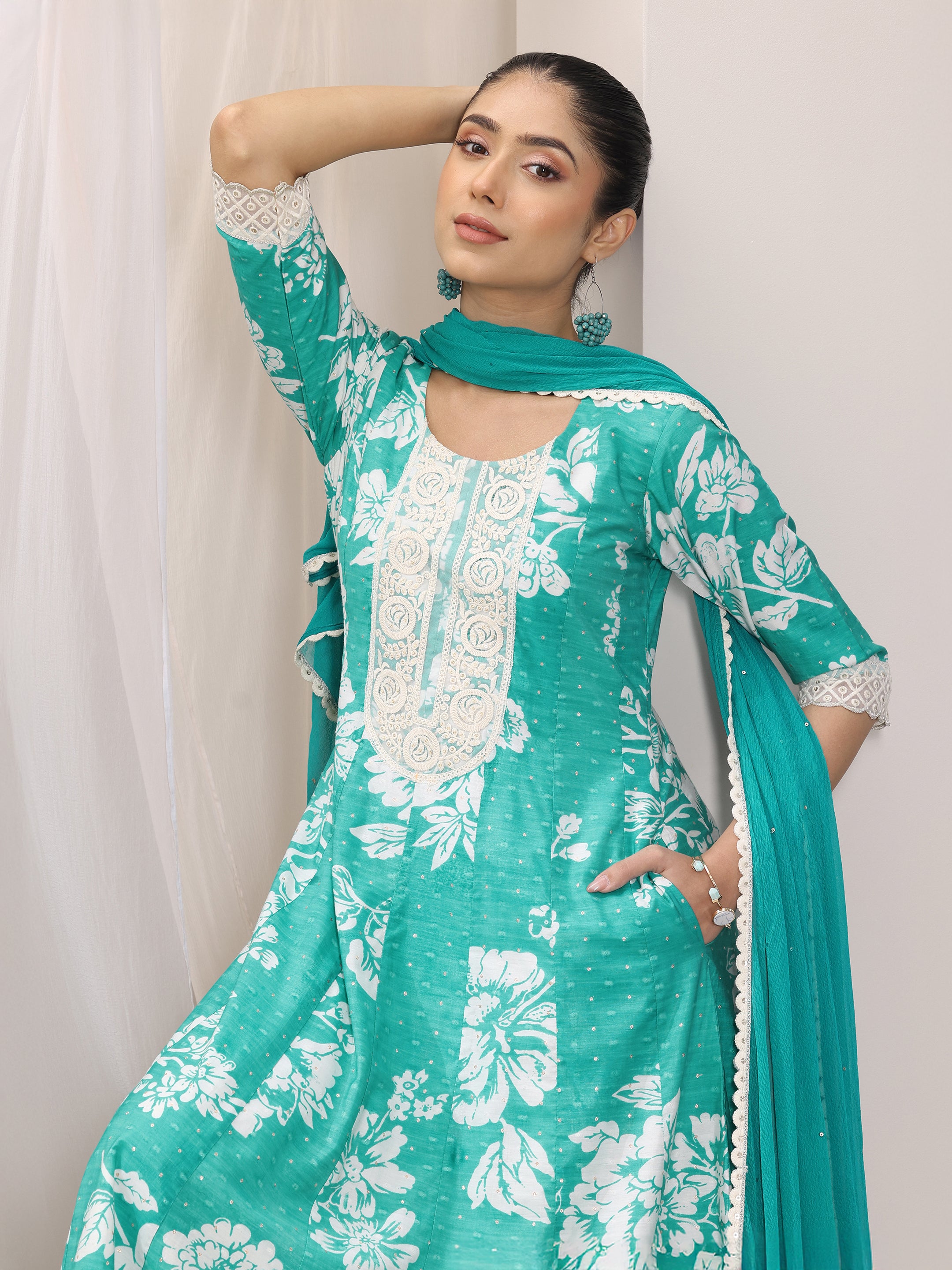 libas Blue Printed Silk Blend Anarkali Suit Set With Dupatta-picture-37
