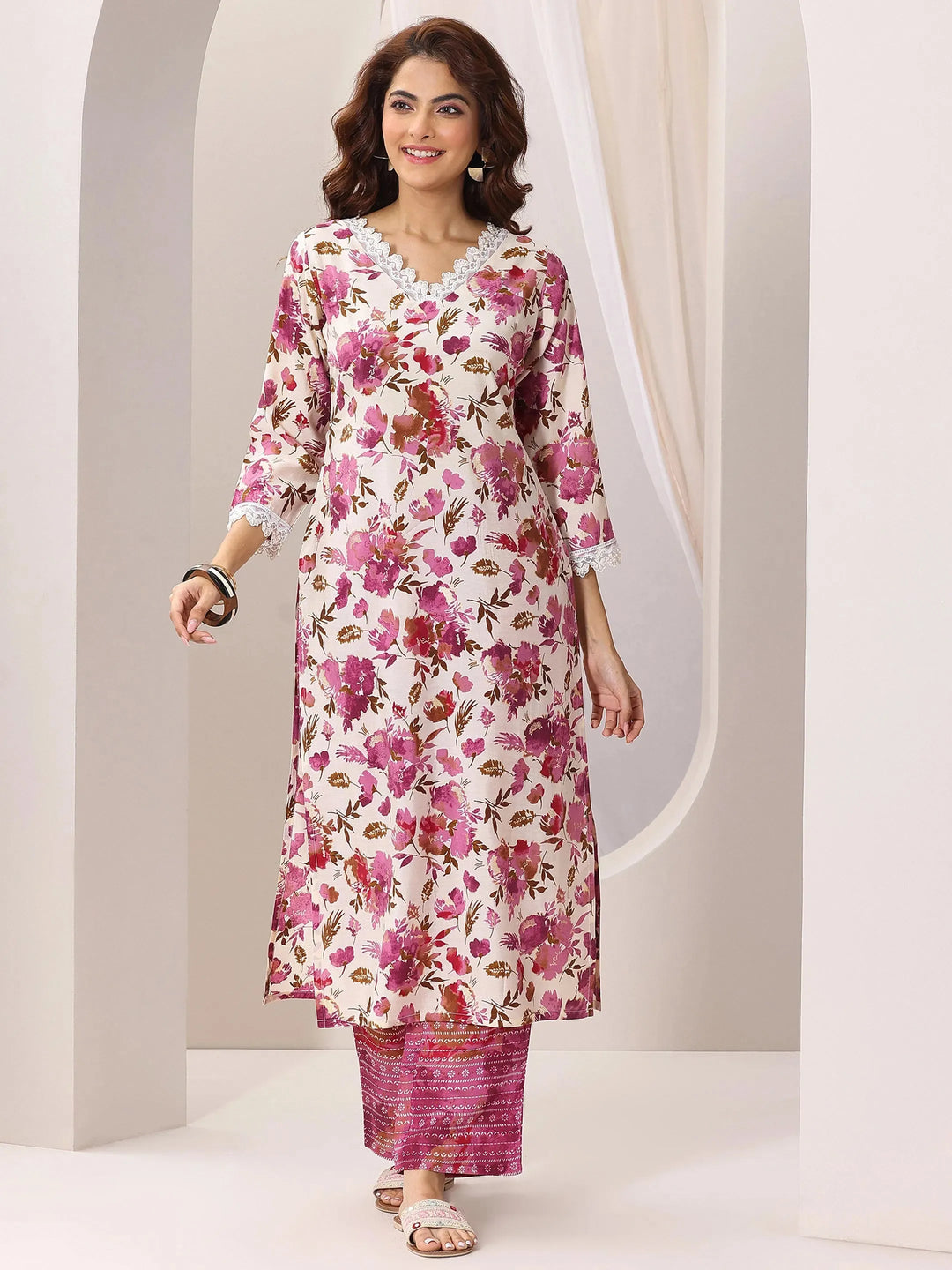 Off White Printed Silk Blend Straight Kurta Set