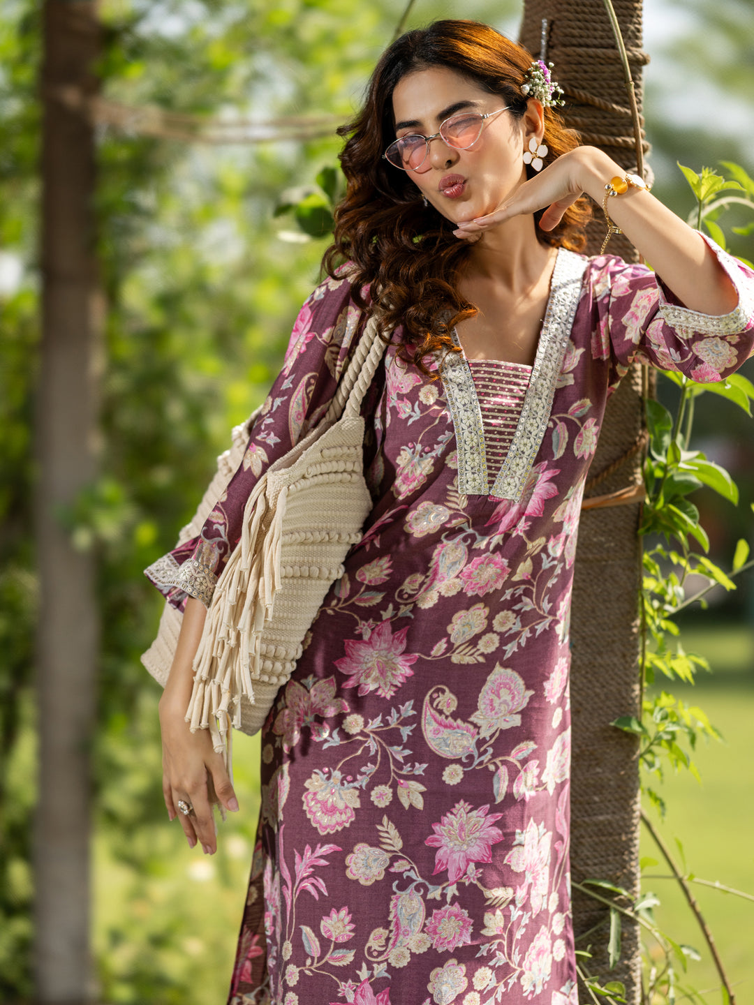 Mauve Printed Silk Blend Straight Kurta Set
