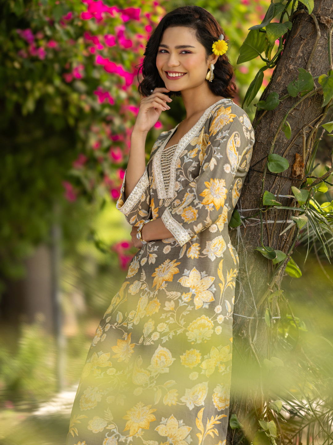 Grey Printed Silk Blend Straight Kurta Set