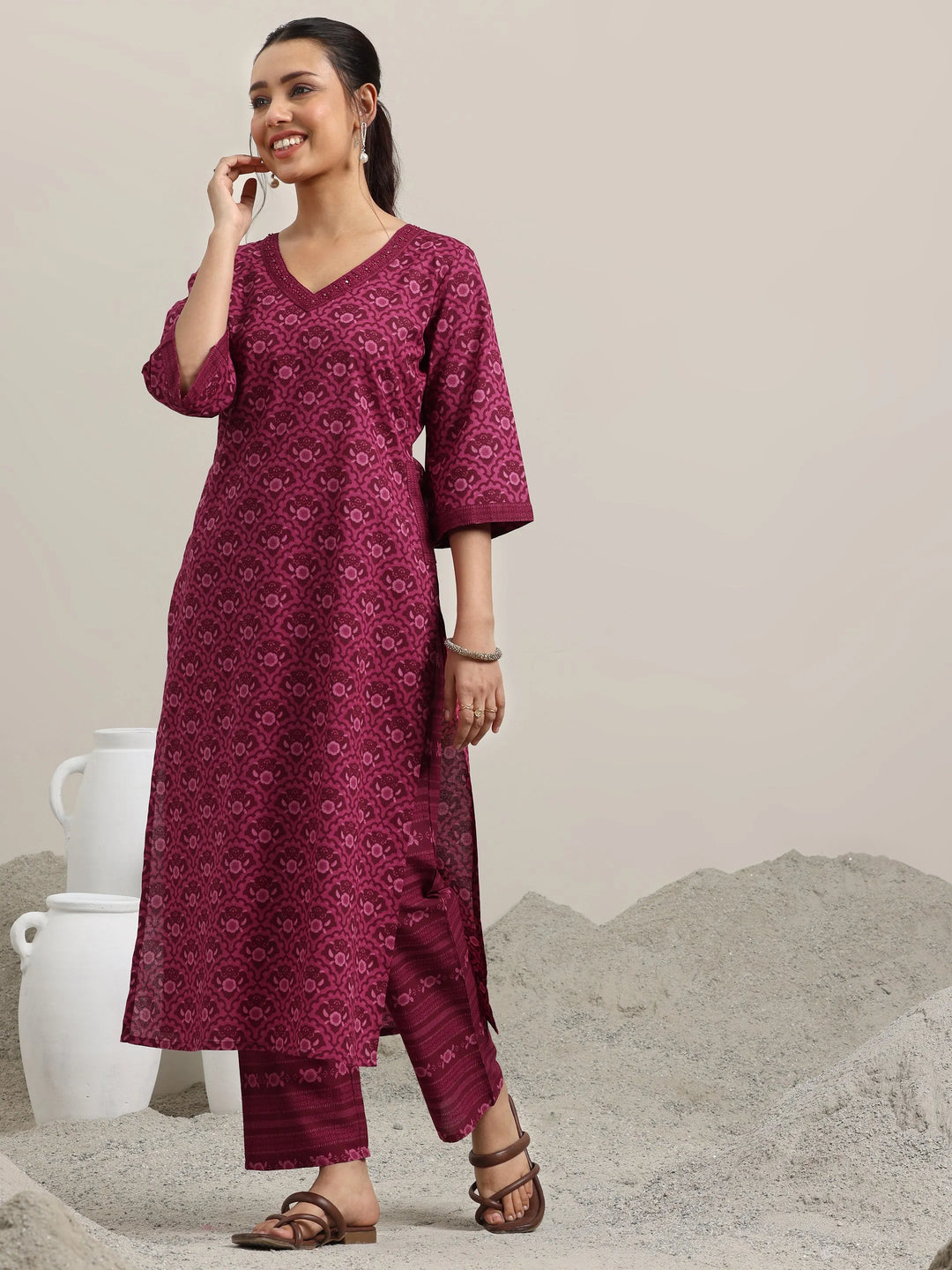  Burgundy Printed Cotton Straight Kurta With Trousers 