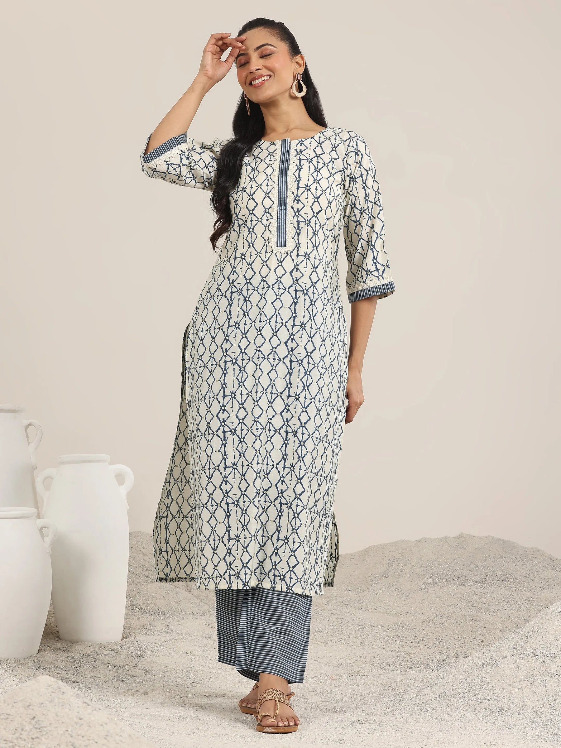 Off White Printed Silk Blend Straight Kurta Set