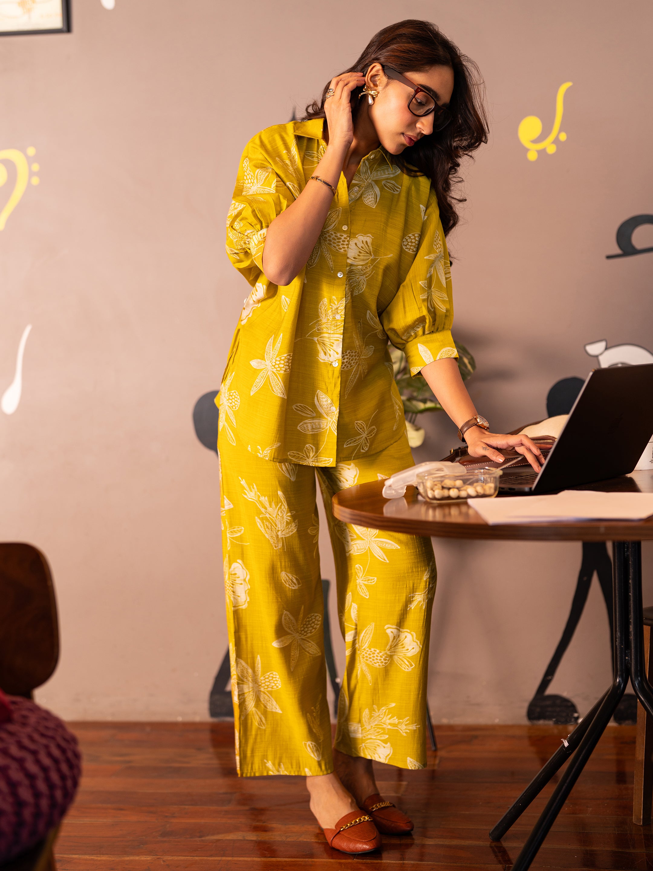 libas Mustard Printed Silk Blend Co-Ord Sets-picture-35