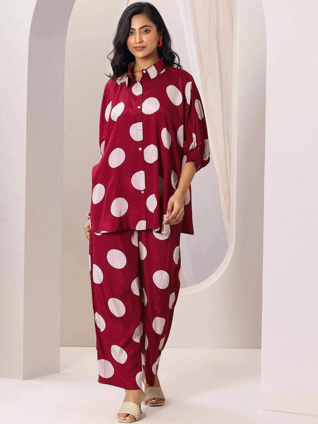  Red Printed Silk Blend Co-Ord Sets 