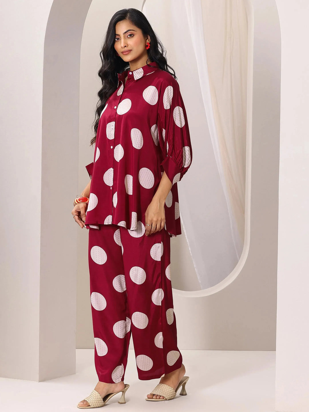  Red Printed Silk Blend Co-Ord Sets 