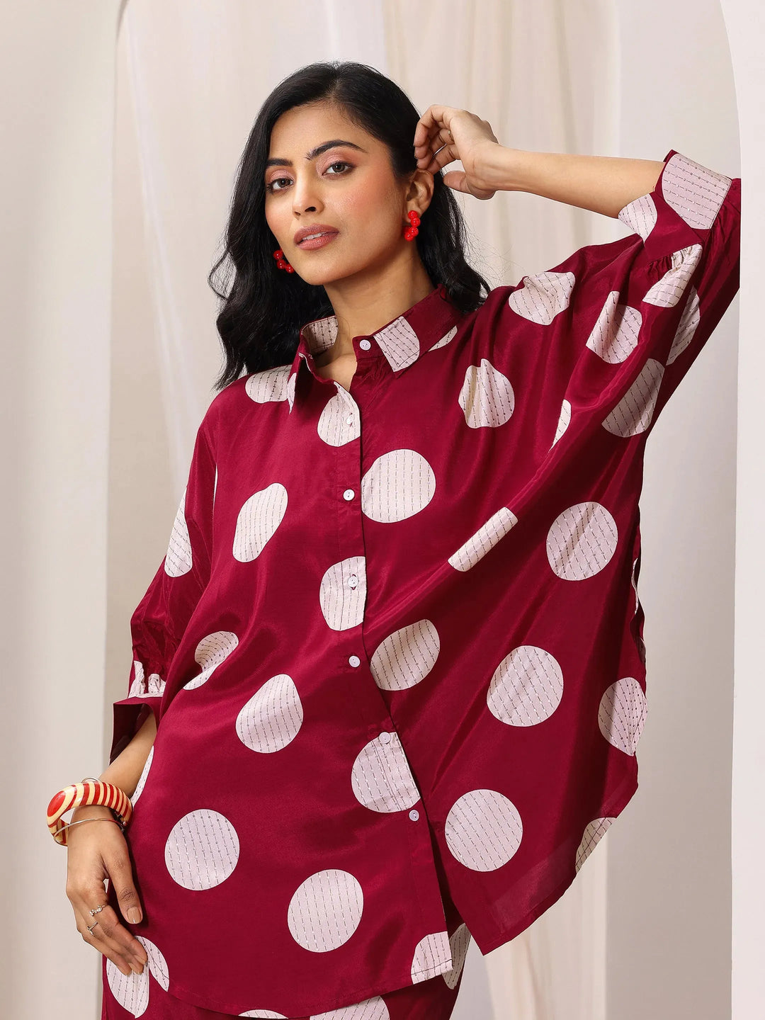  Red Printed Silk Blend Co-Ord Sets 
