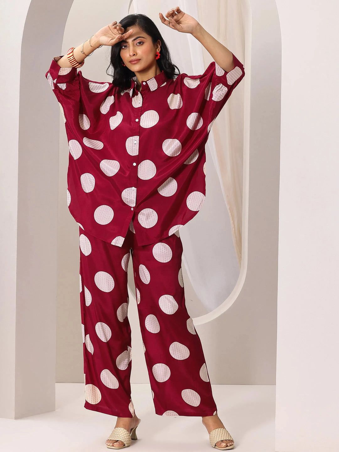 Red Printed Silk Blend Co-Ord Sets 