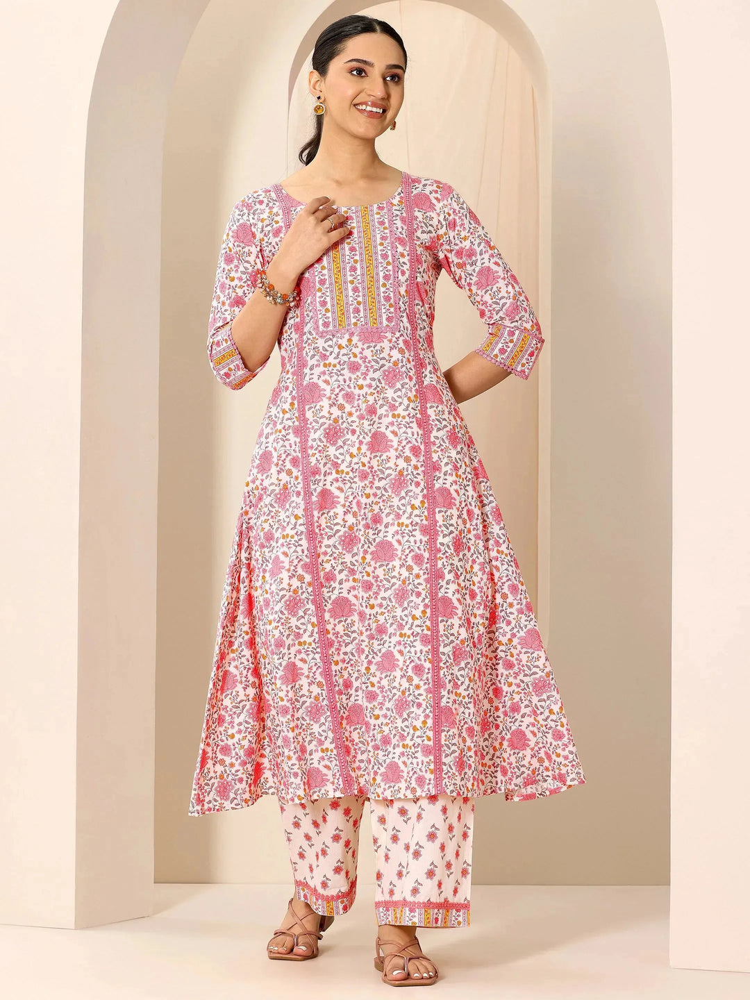 Peach Printed Pure Cotton A-Line Kurta Set