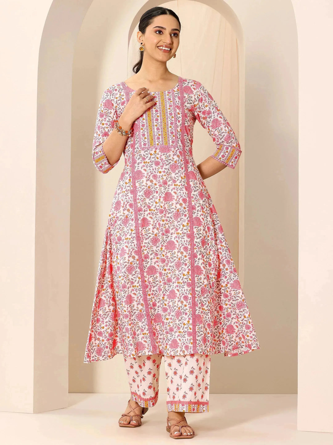 Peach Printed Pure Cotton A-Line Kurta Set