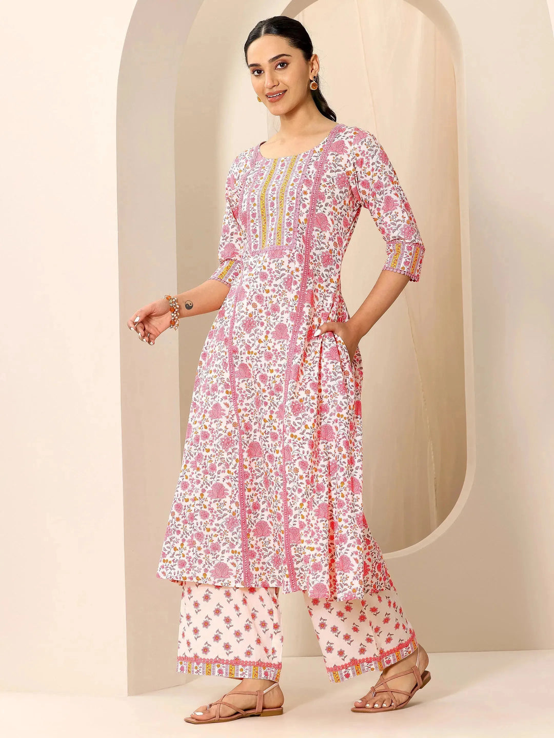  Peach Printed Pure Cotton A-Line Kurta Set 