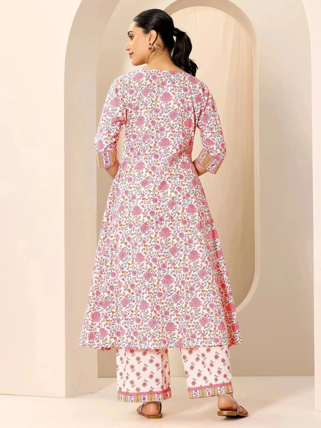  Peach Printed Pure Cotton A-Line Kurta Set 