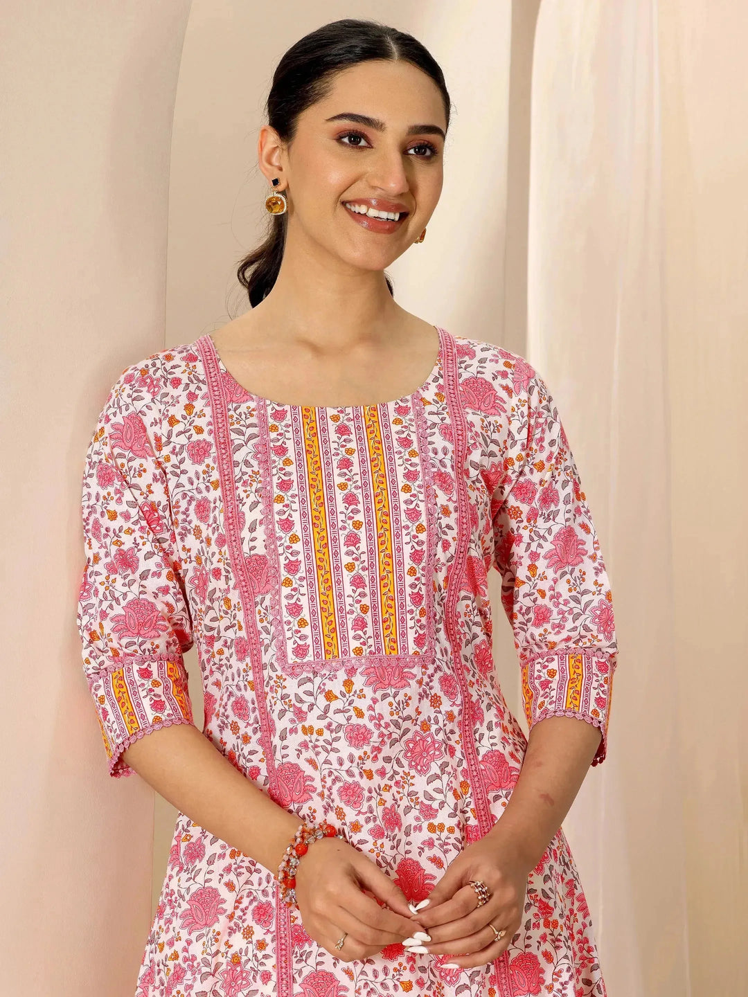  Peach Printed Pure Cotton A-Line Kurta Set 