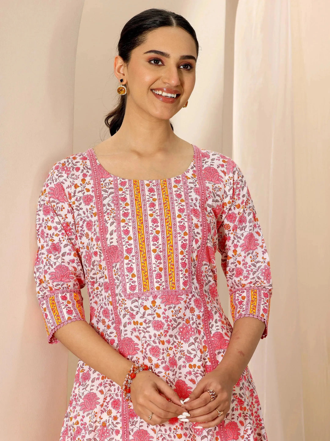  Peach Printed Pure Cotton A-Line Kurta Set 