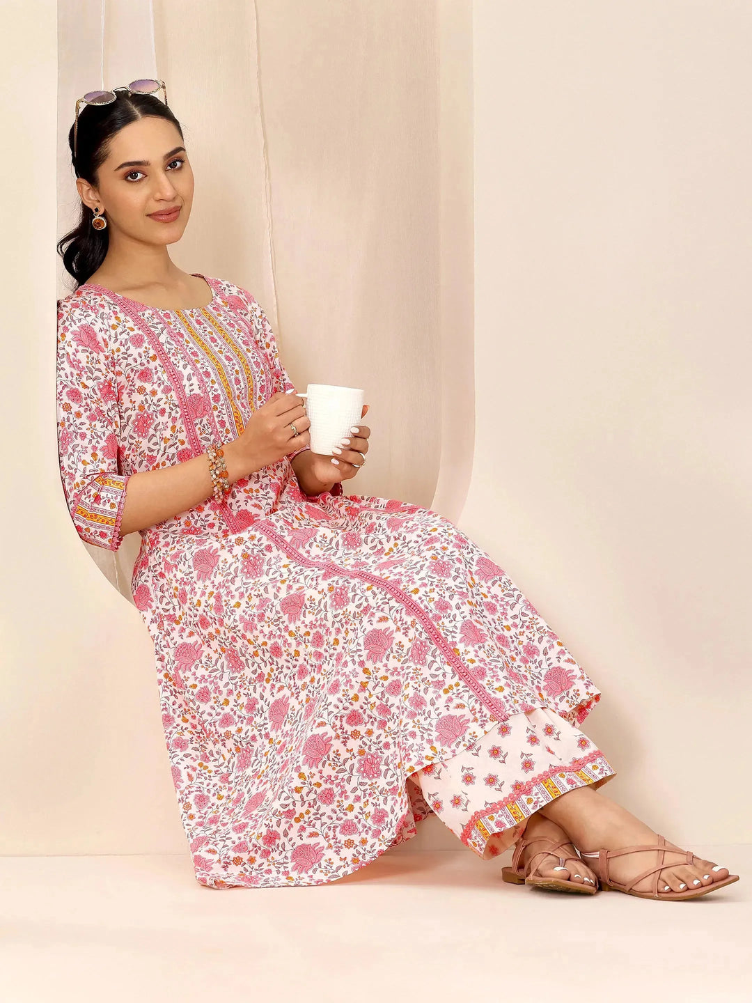  Peach Printed Pure Cotton A-Line Kurta Set 