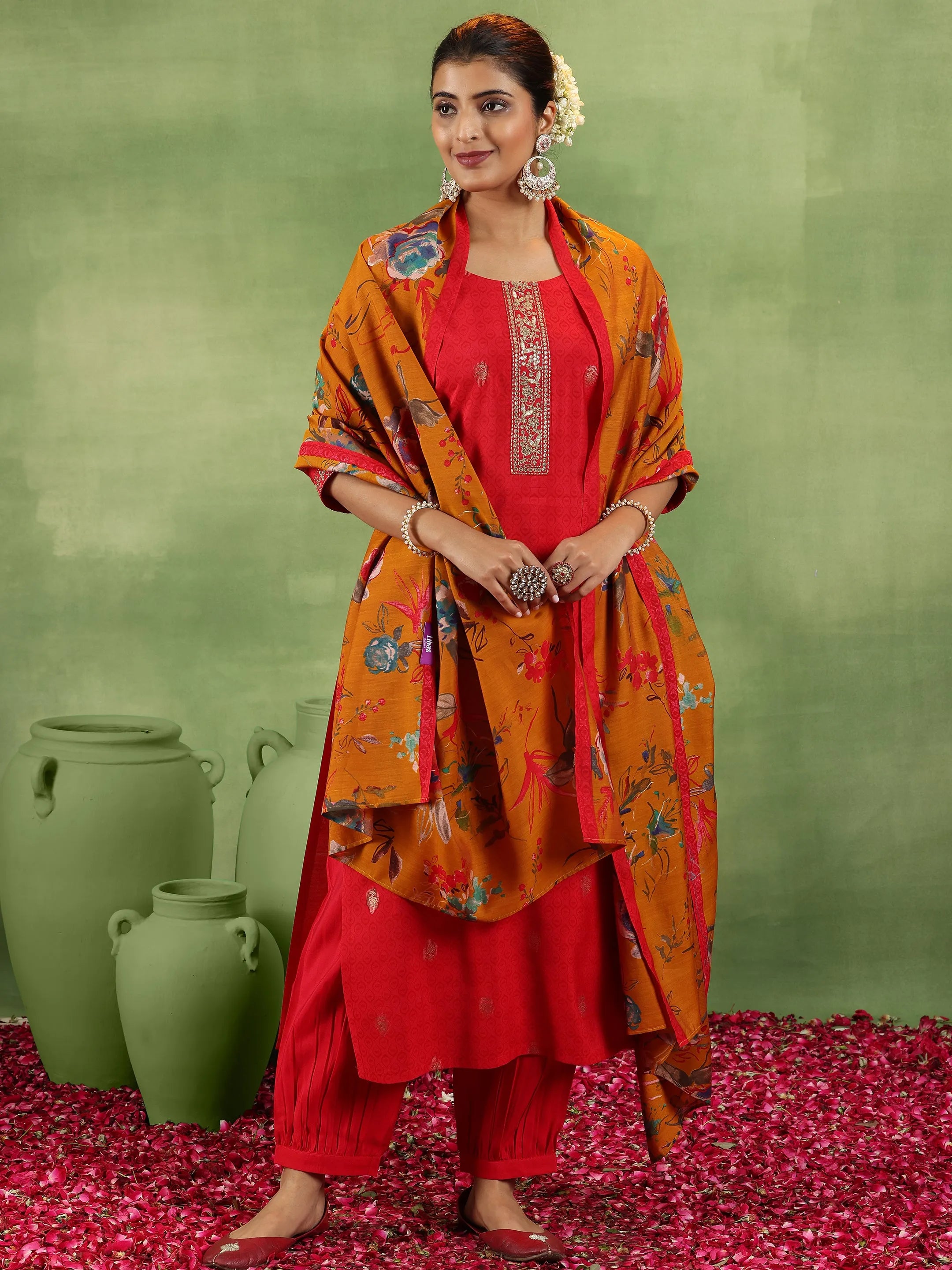 Red Printed Silk Blend Straight Suit With Dupatta-image-43