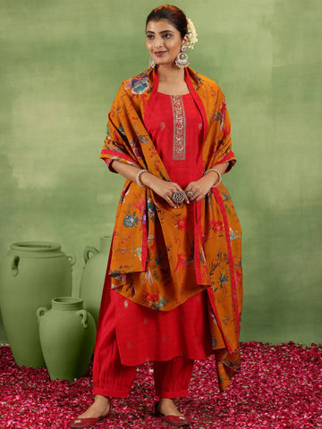 Red Printed Silk Blend Straight Suit With Dupatta