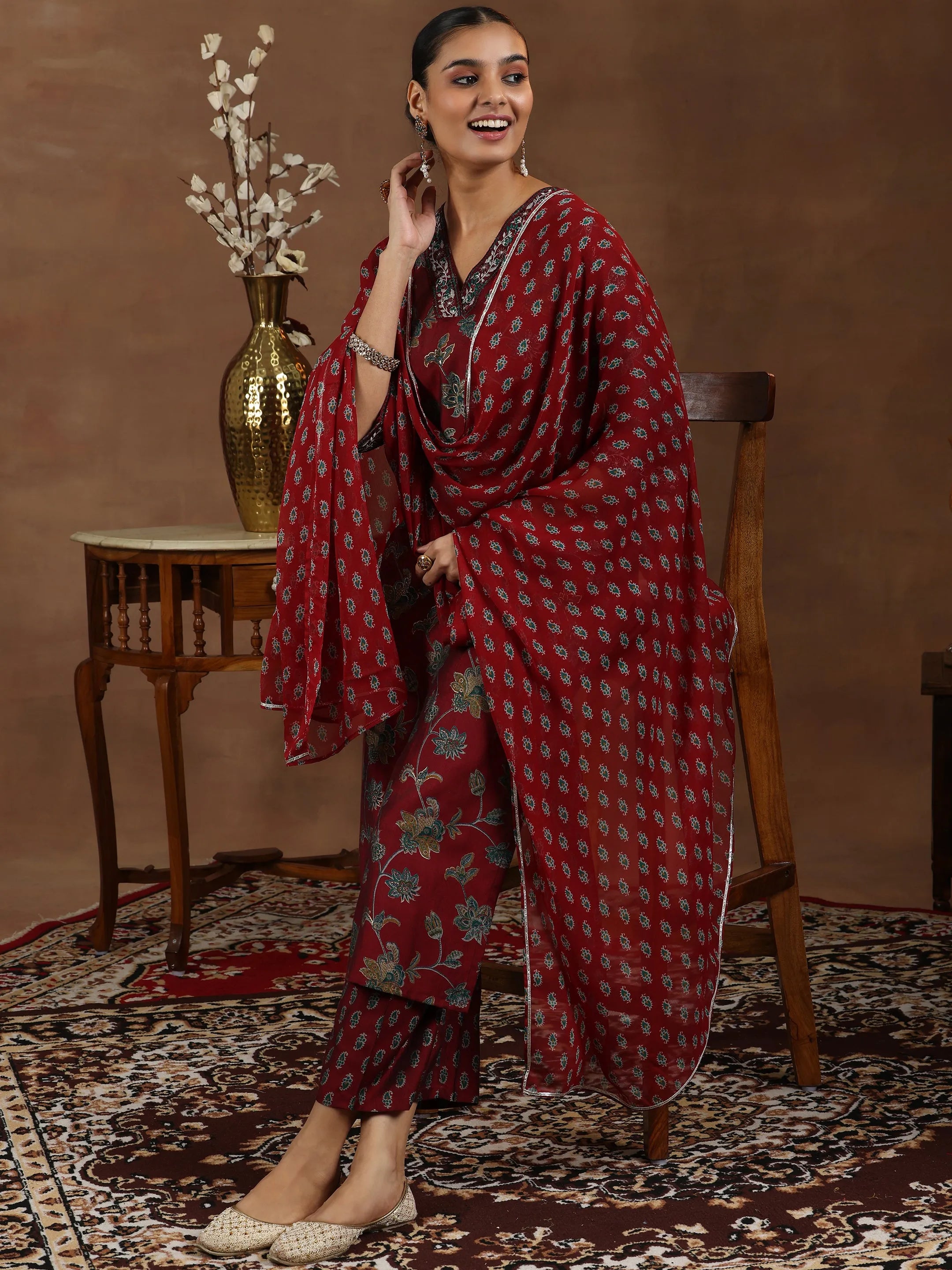 Maroon Printed Silk Blend Straight Suit With Dupatta-image-30