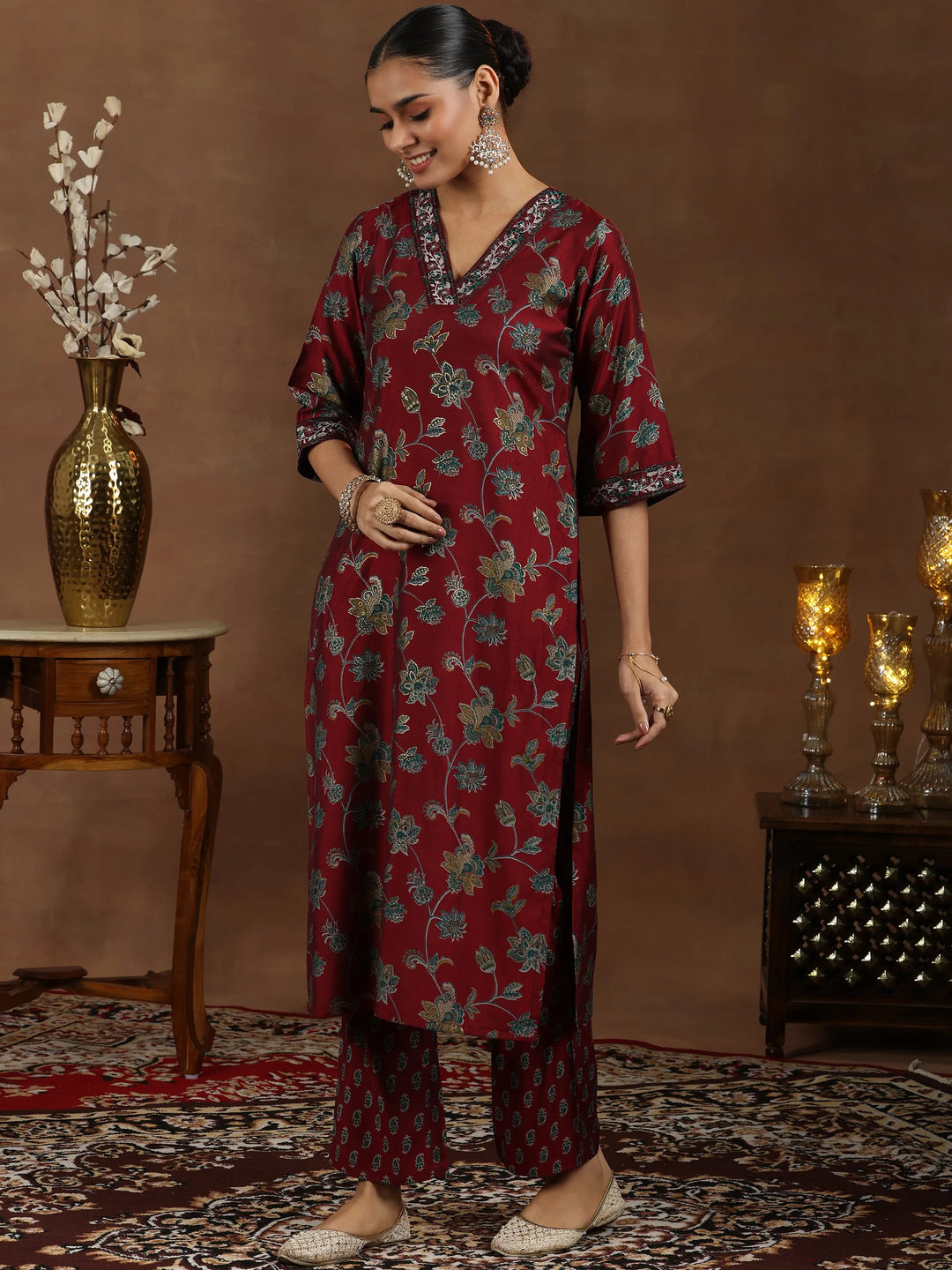  Maroon Printed Silk Blend Straight Suit With Dupatta 