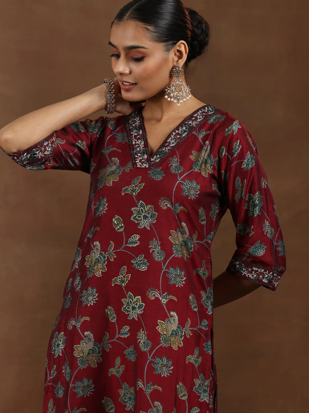  Maroon Printed Silk Blend Straight Suit With Dupatta 