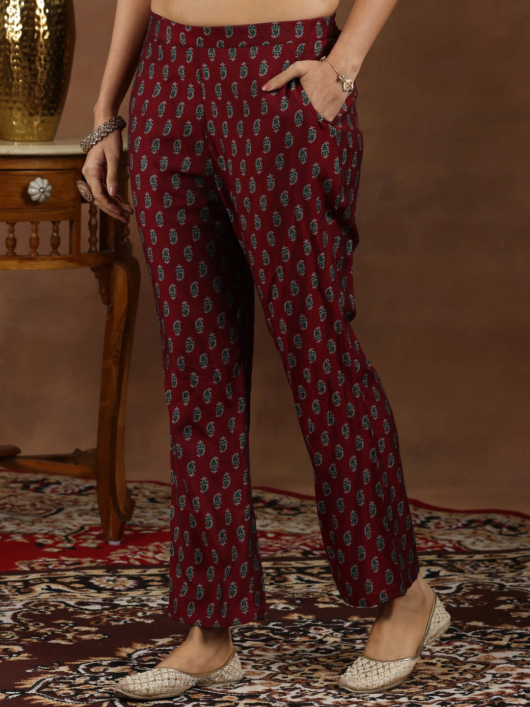  Maroon Printed Silk Blend Straight Suit With Dupatta 