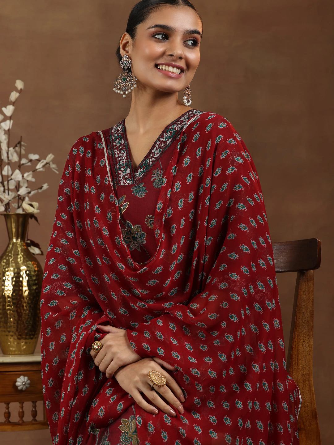  Maroon Printed Silk Blend Straight Suit With Dupatta 