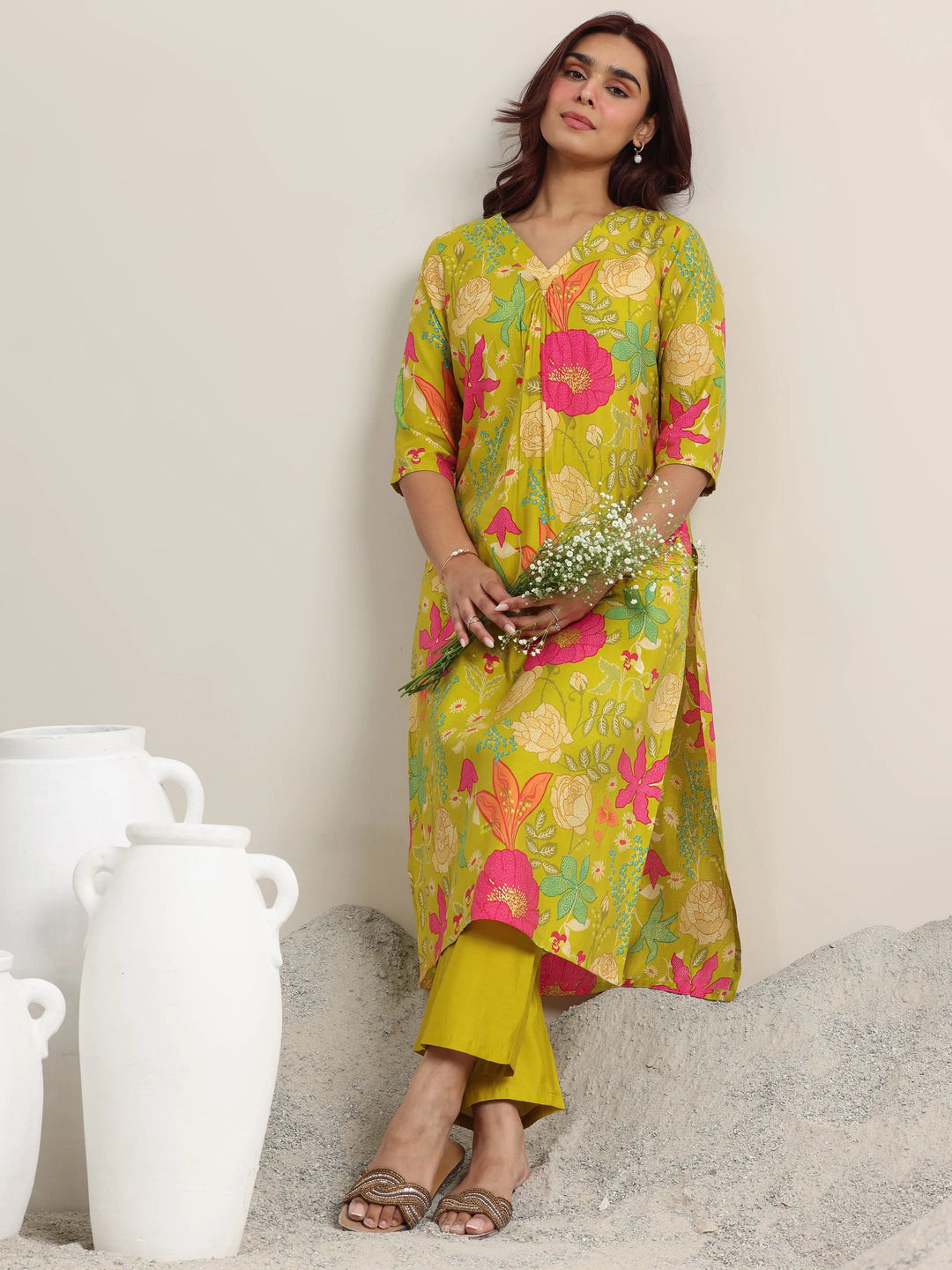  Green Printed Rayon Straight Kurta With Trousers 