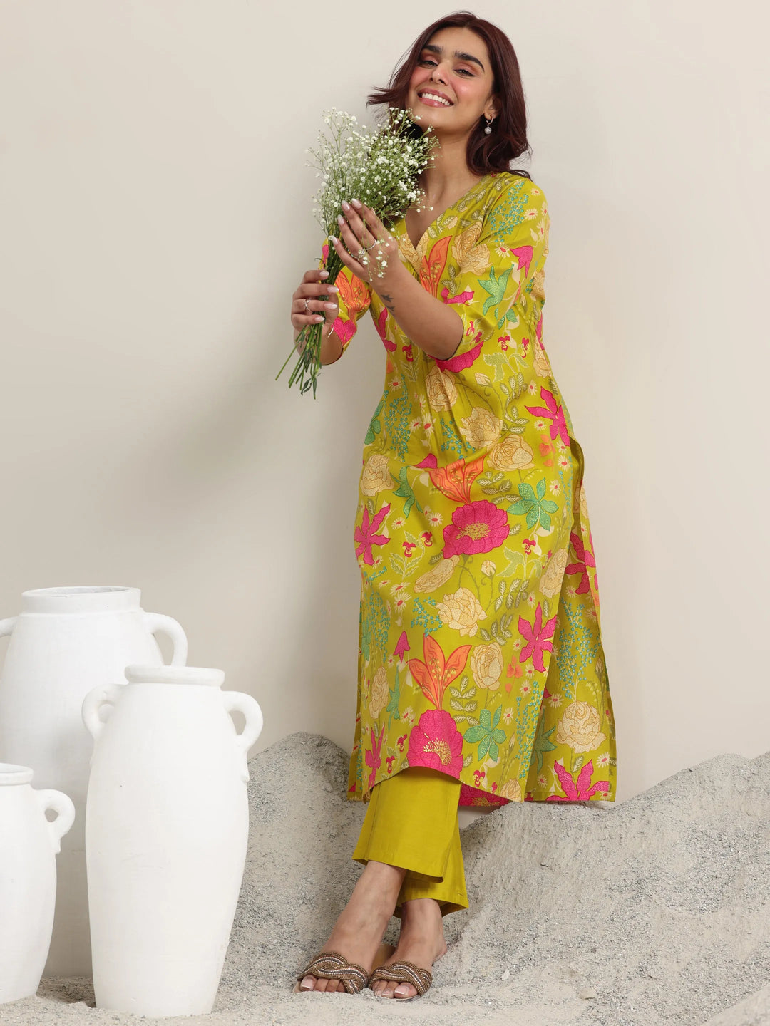  Green Printed Rayon Straight Kurta With Trousers 