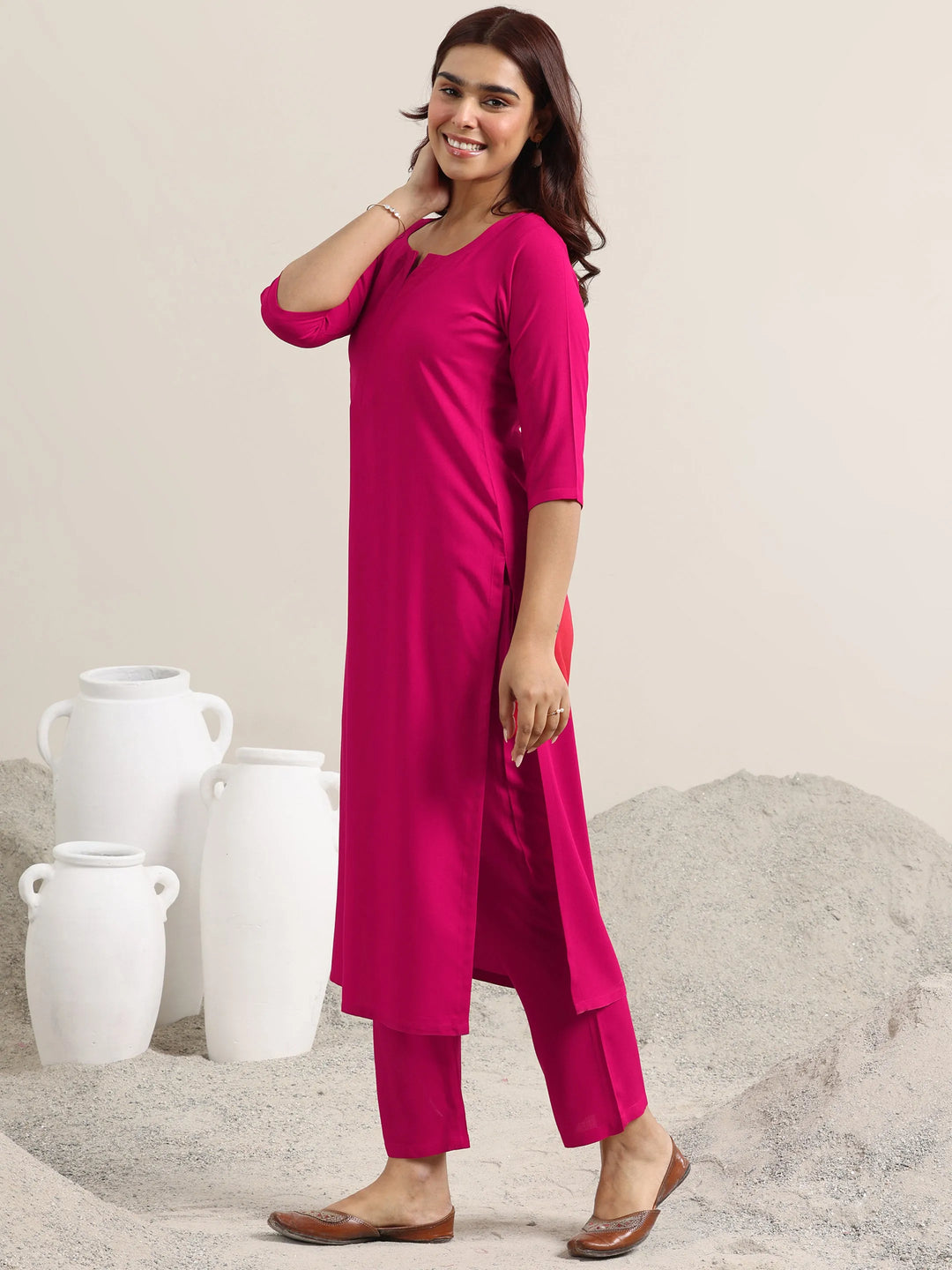  Pink Solid Rayon Straight Suit With Dupatta 