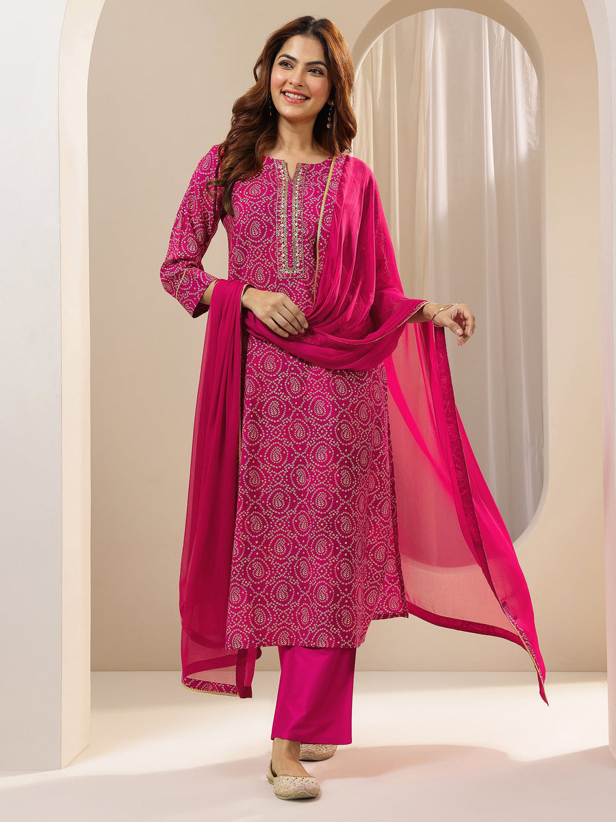 Pink Printed Rayon Straight Suit With Dupatta