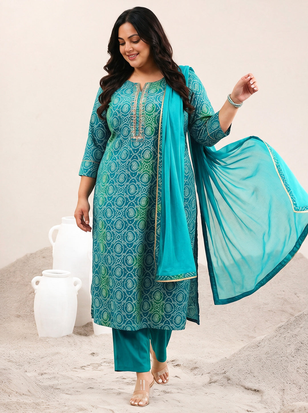Plus Size Blue Bandhani Printed Viscose Straight Suit Set