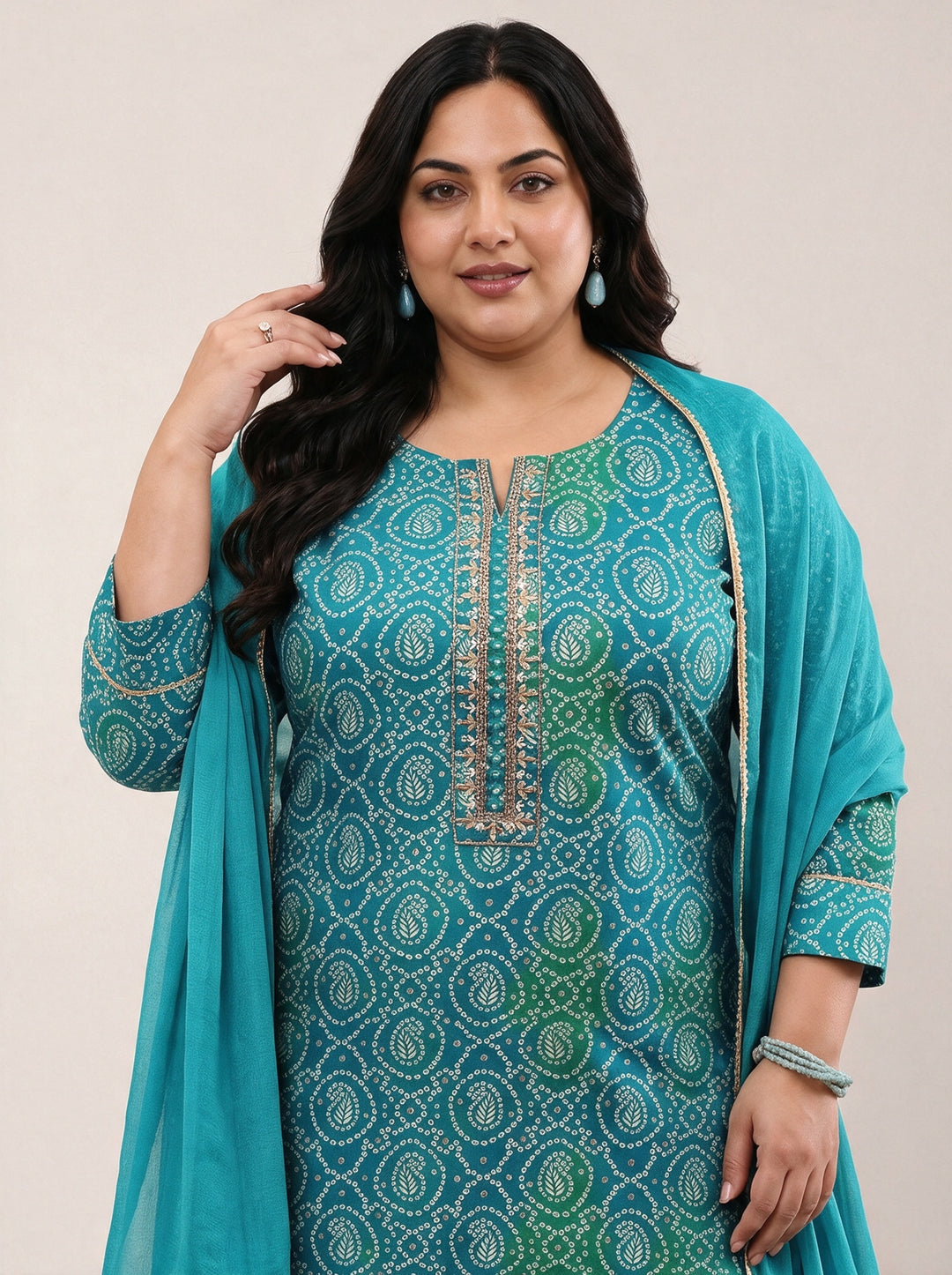  Plus Size Blue Bandhani Printed Viscose Straight Suit Set 